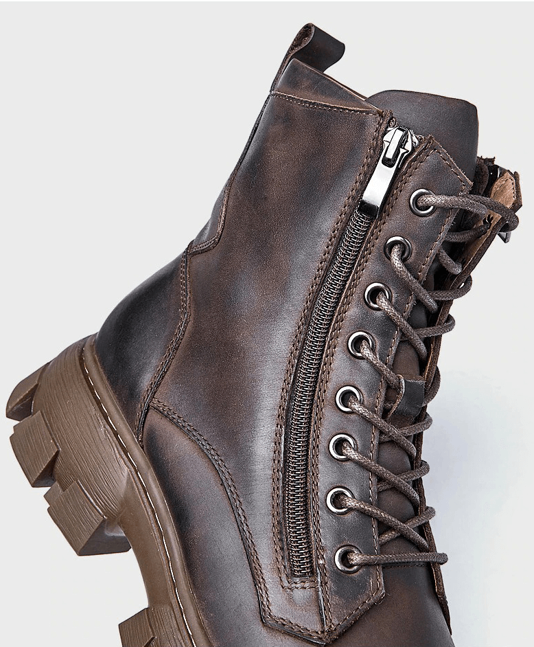 Men's brown leather mid-calf boots with zipper detail, perfect for casual and retro style, designed for comfort and durability.