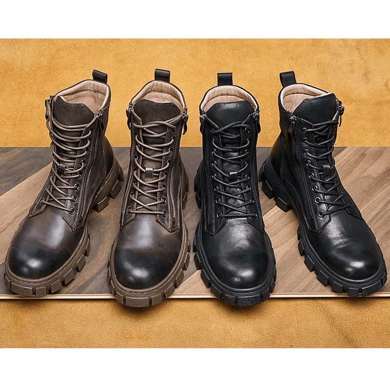 Men's mid-calf leather boots in brown and black, featuring stylish design with fur lining option.