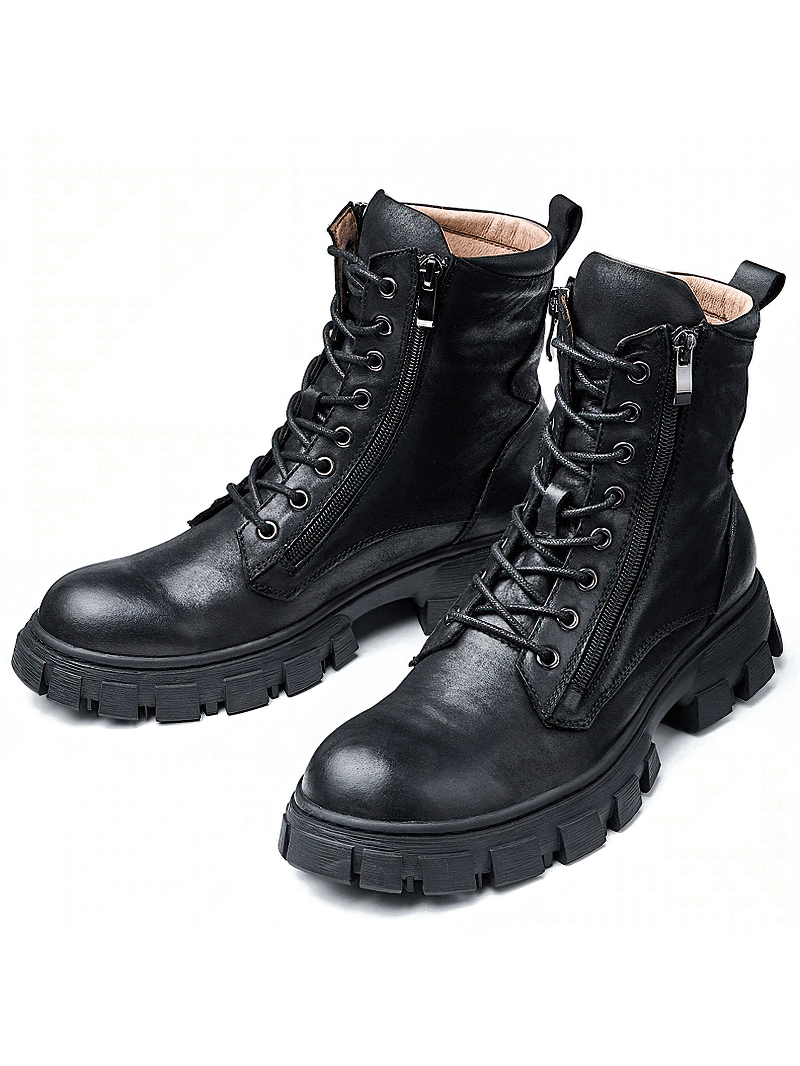 Men's black leather mid-calf boots with fur lining and retro design, perfect for casual style and motorcycle rides.