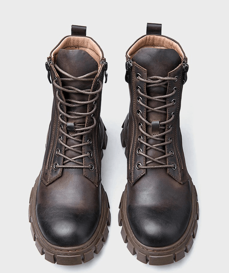 Men's genuine leather mid-calf boots with stylish laces and rugged sole in dark brown color.