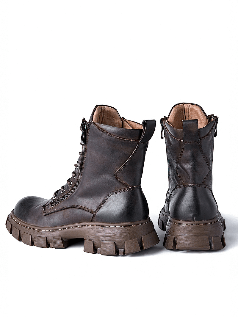 Men's brown leather mid-calf boots with a retro design and chunky sole, perfect for casual wear and motorcycle adventures.
