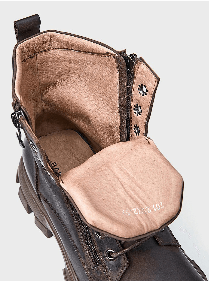 Interior view of men's warm fur lining mid-calf leather boots showcasing stylish retro design and zipper details.