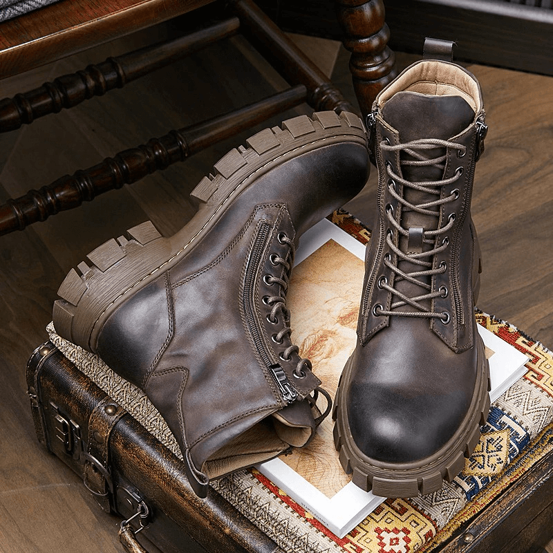 Stylish men's warm fur lining mid-calf boots in genuine leather, perfect for casual wear and retro motorcycle vibes.