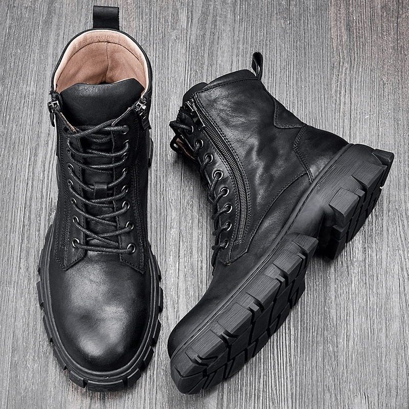 Men's mid-calf black leather boots with fur lining, retro design, perfect for casual outings and motorcycle adventures.
