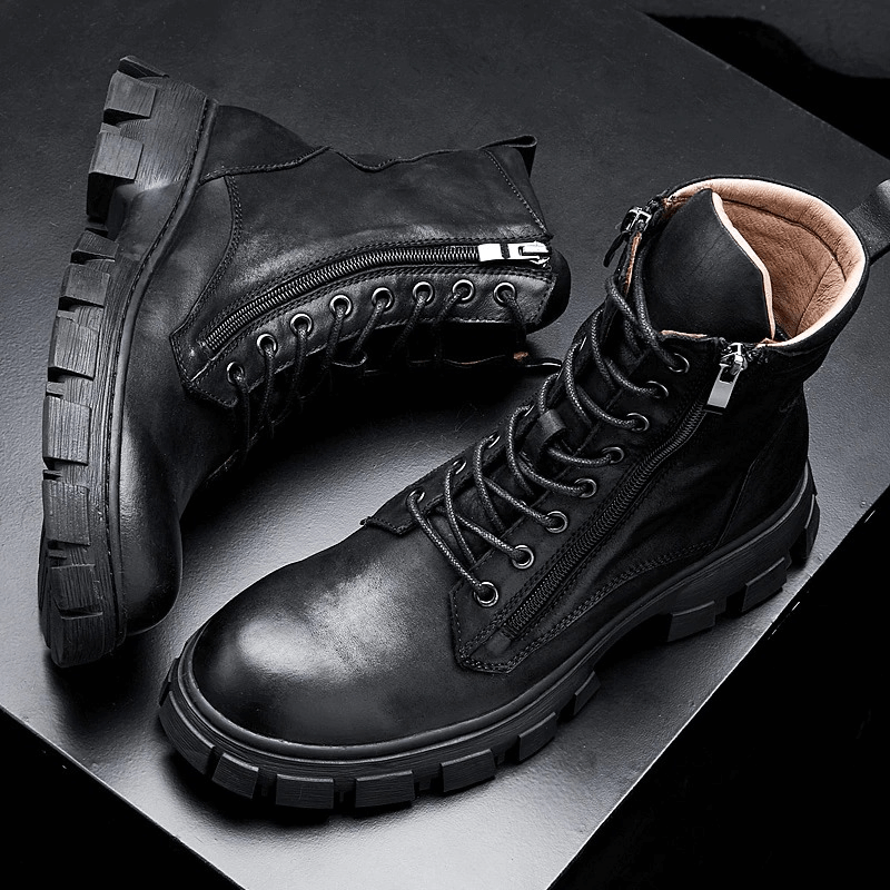 Men's black leather mid-calf boots with fur linning and retro design for casual and motorcycle wear.