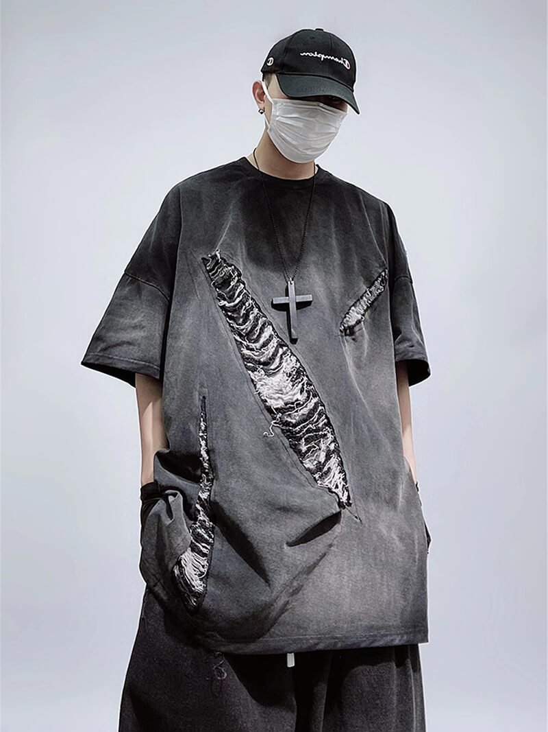 Cool Oversize Hole Ripped T-Shirt / Vintage Cotton O-Neck Long T-Shirt for Men - HARD'N'HEAVY