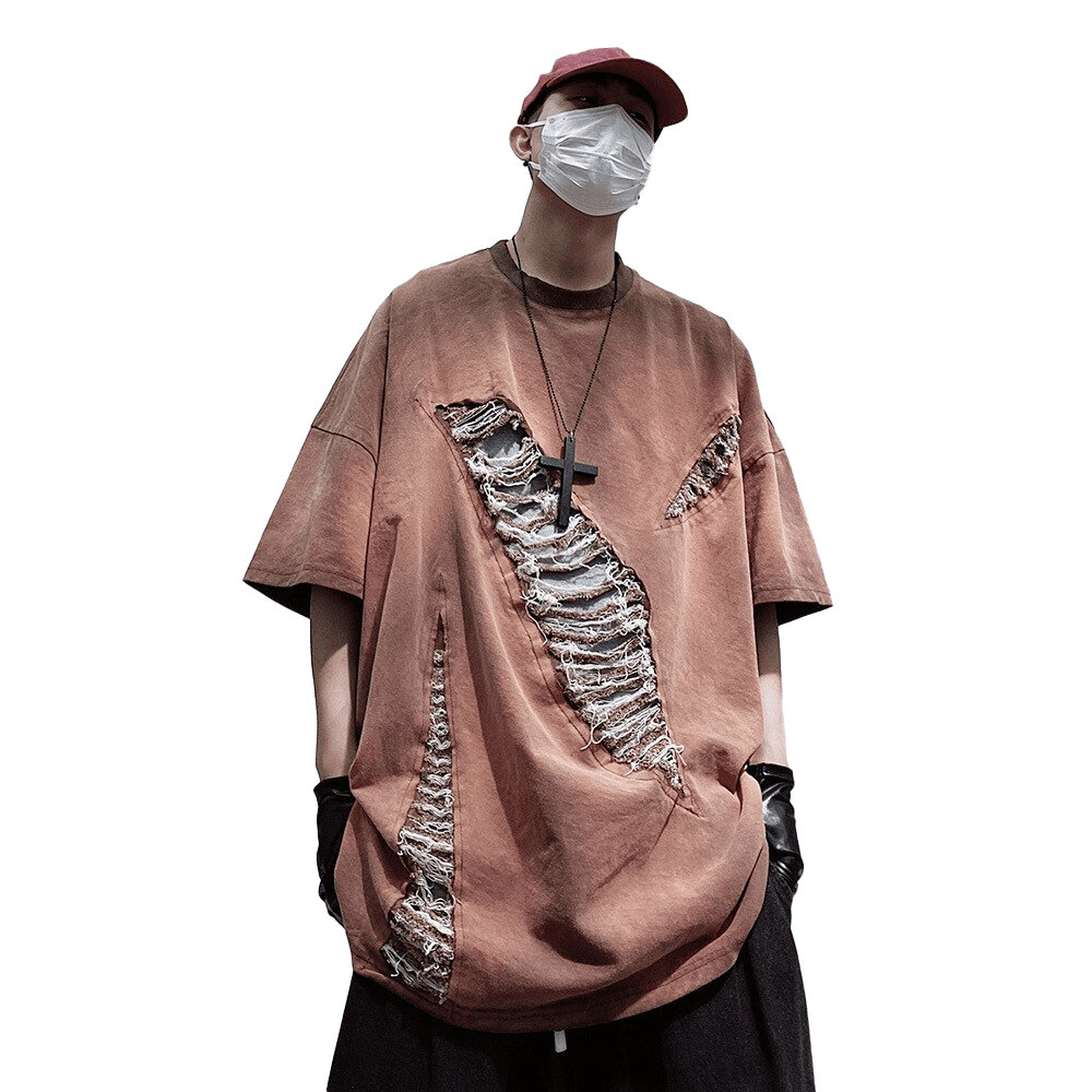Trendy oversized hole-ripped vintage T-shirt for men, featuring distressed details and relaxed fit.