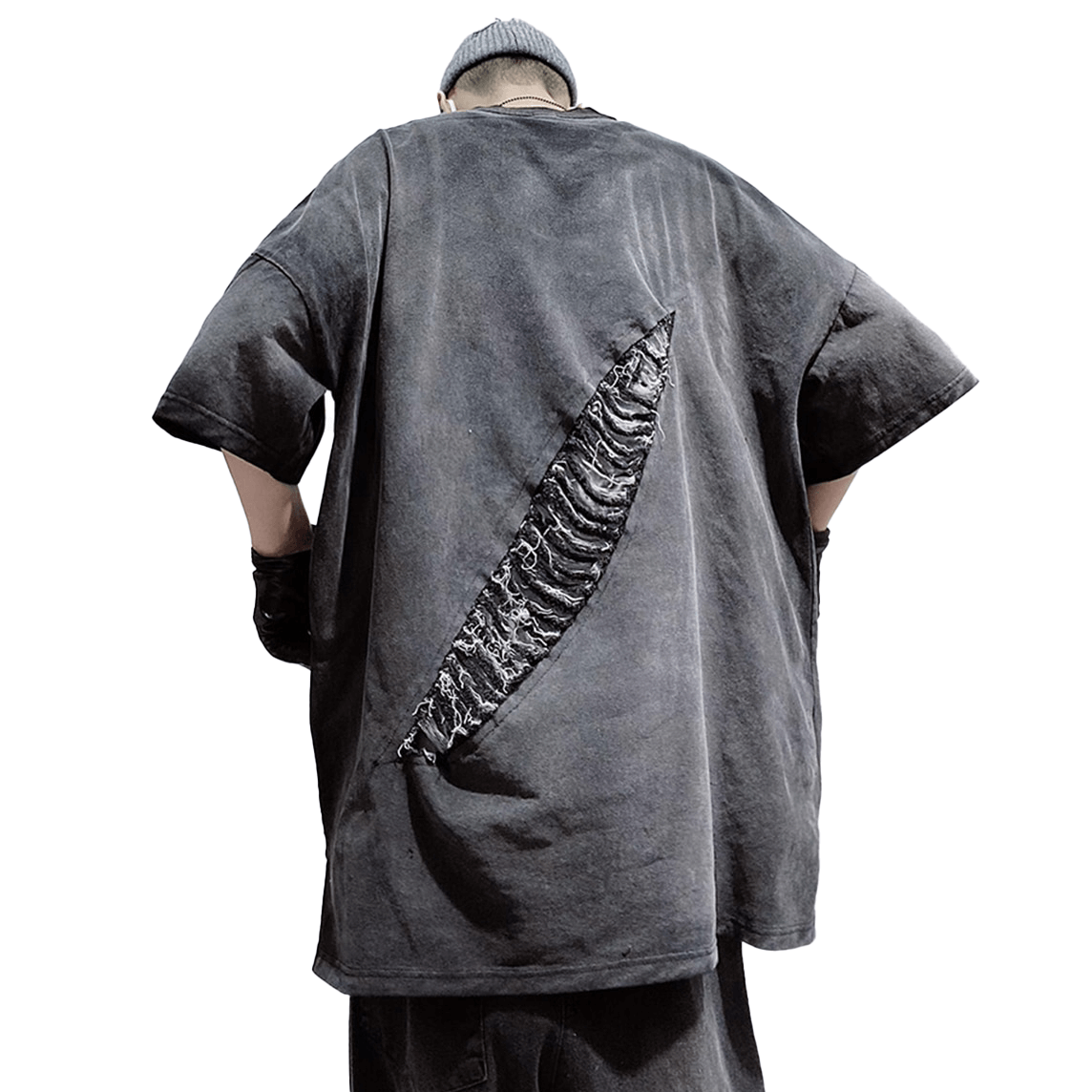 Men's oversized hole-ripped gray t-shirt showcasing trendy vintage appeal and distressed detail on the back.