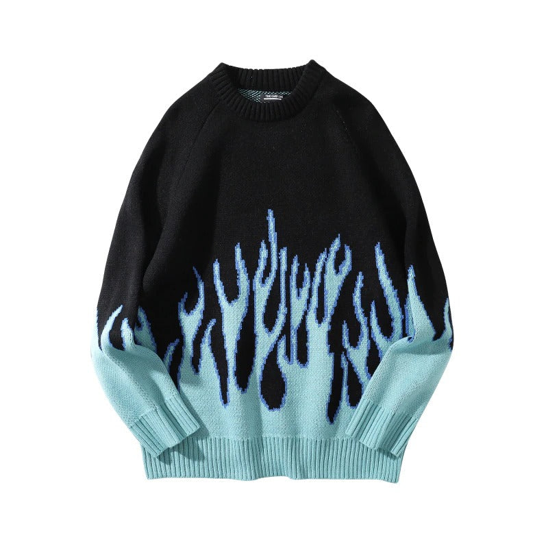 Cool Retro Sweater with Blue Flame Pattern / O-neck Oversize Casual Sweaters for Men and Women - HARD'N'HEAVY