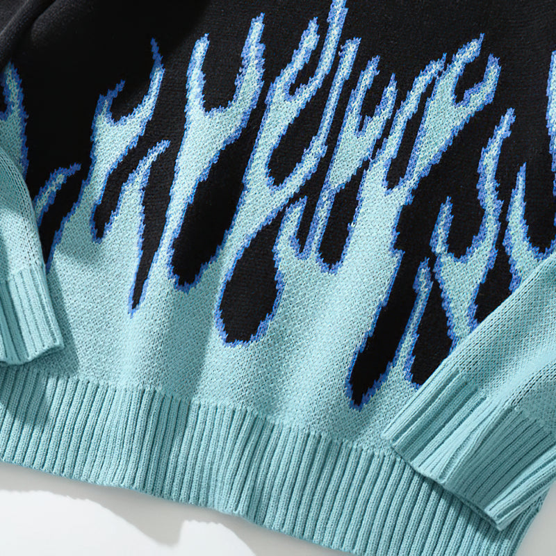 Cool Retro Sweater with Blue Flame Pattern / O-neck Oversize Casual Sweaters for Men and Women - HARD'N'HEAVY