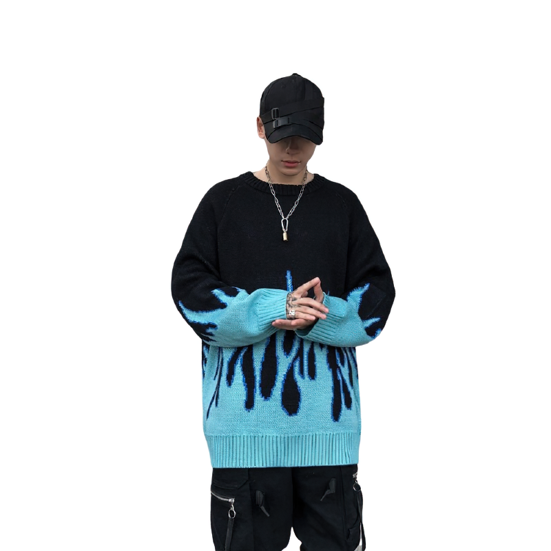 Cool Retro Sweater with Blue Flame Pattern / O-neck Oversize Casual Sweaters for Men and Women - HARD'N'HEAVY
