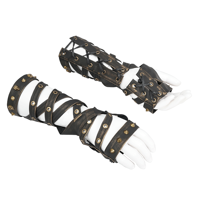 Cool steampunk long gloves with bronze rivets, perfect for punk fashion lovers. Unisex PU leather design for striking outfits.