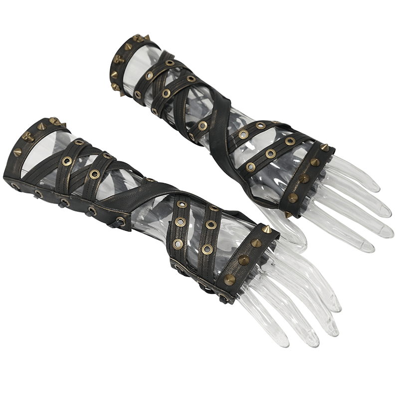 Cool steampunk long gloves with bronze rivets and spikes, perfect unisex punk fashion accessory for any outfit.