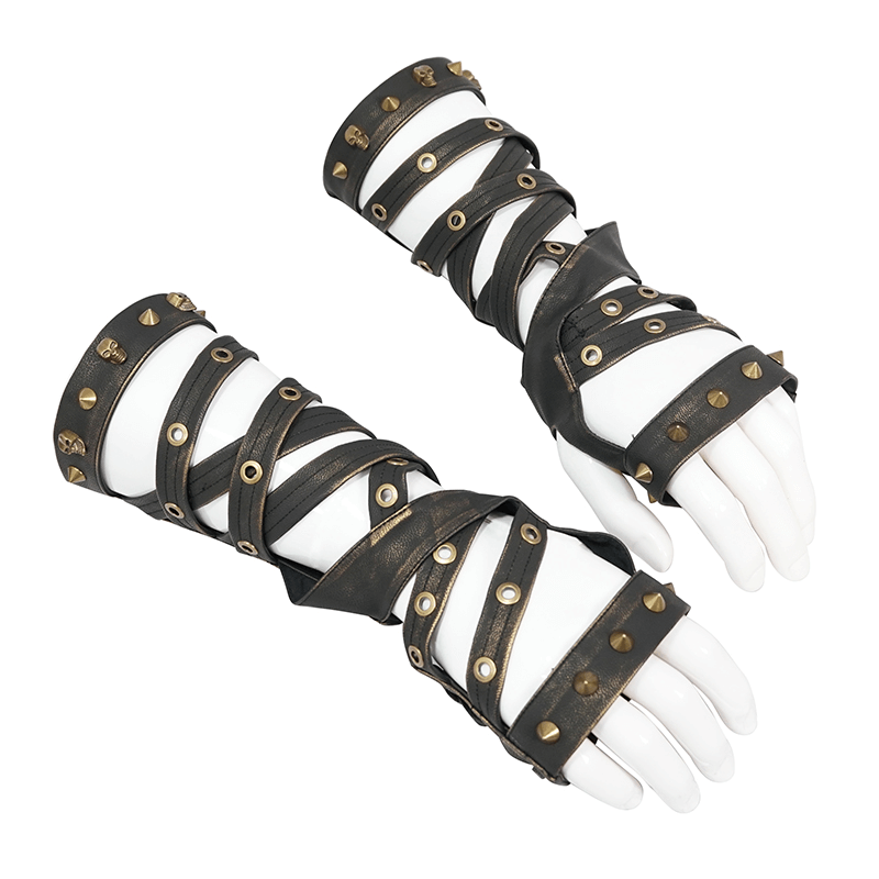 Unisex steampunk cross strap gloves in black PU leather with bronze rivets, perfect punk fashion accessory for any outfit.