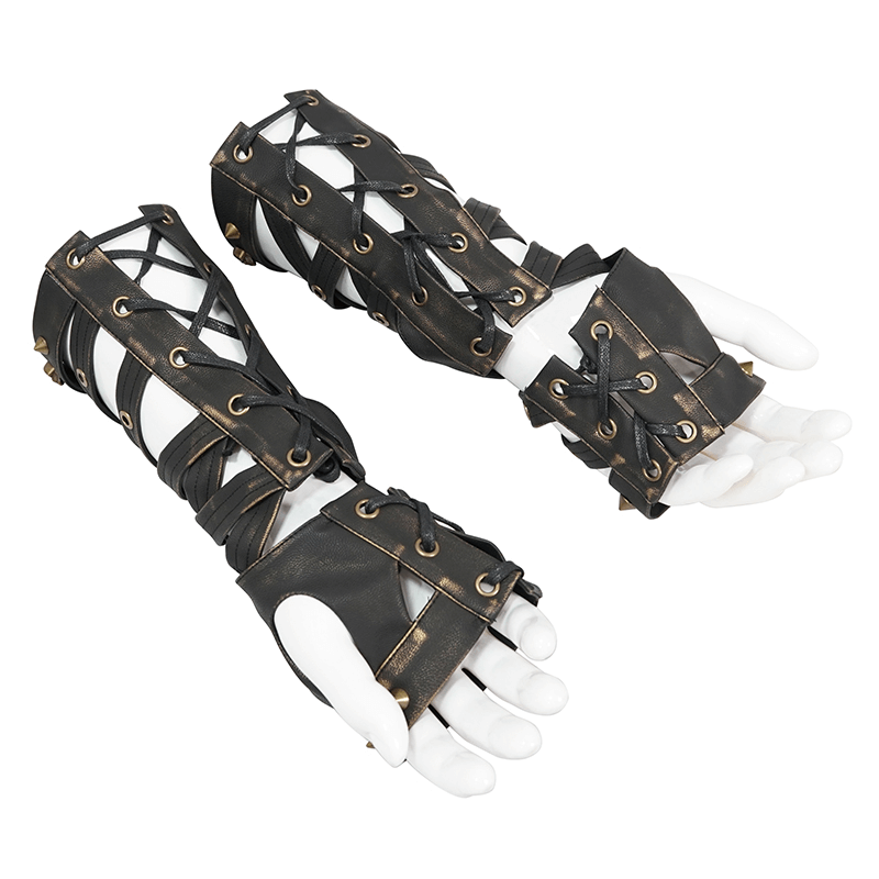 Unisex cool steampunk long gloves with bronze rivets, perfect punk accessory for any outfit.