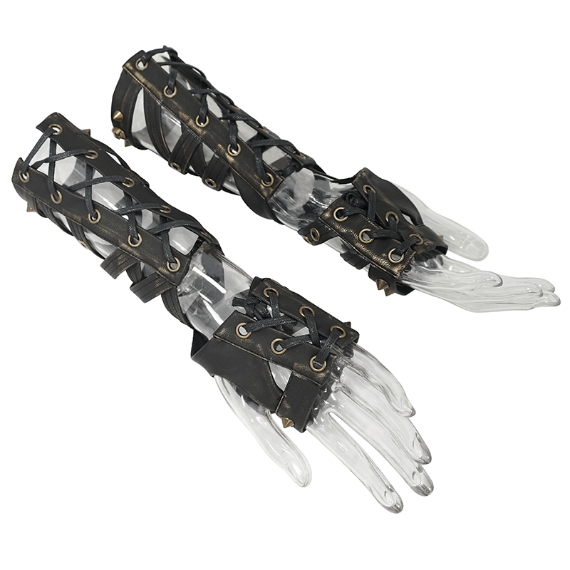 Cool steampunk long fingerless gloves with bronze rivets, perfect punk fashion accessory for men and women.