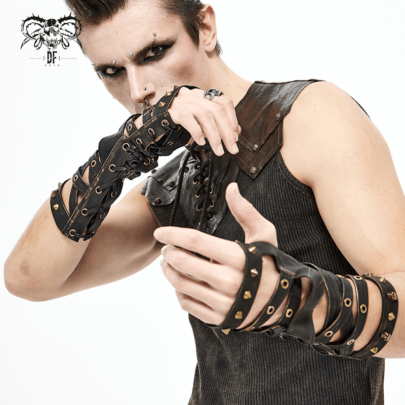 Unisex cool steampunk cross strap gloves with spikes and bronze accents, perfect punk fashion accessory.