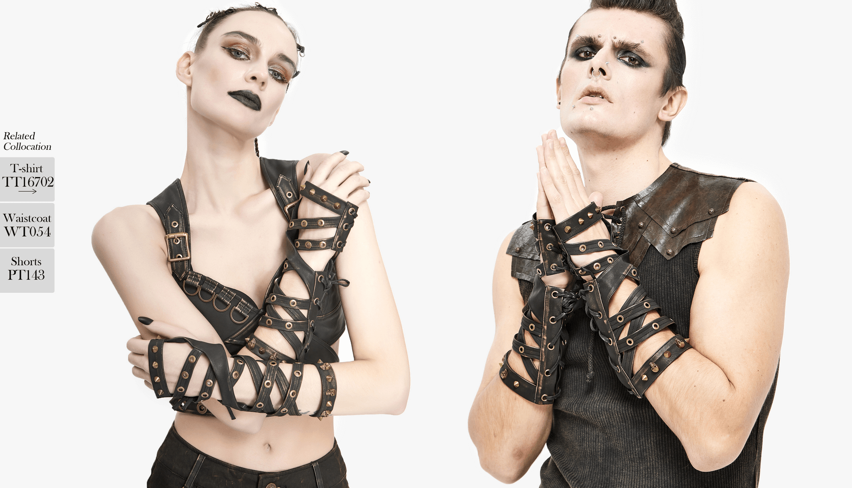 Unisex punk fashion model showcasing cool steampunk cross strap long gloves with spikes and rivets.