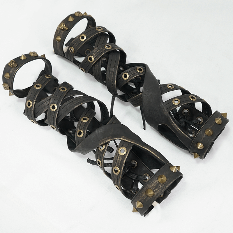 Stylish unisex long steampunk gloves with bronze rivets and spikes, perfect for punk fashion lovers.