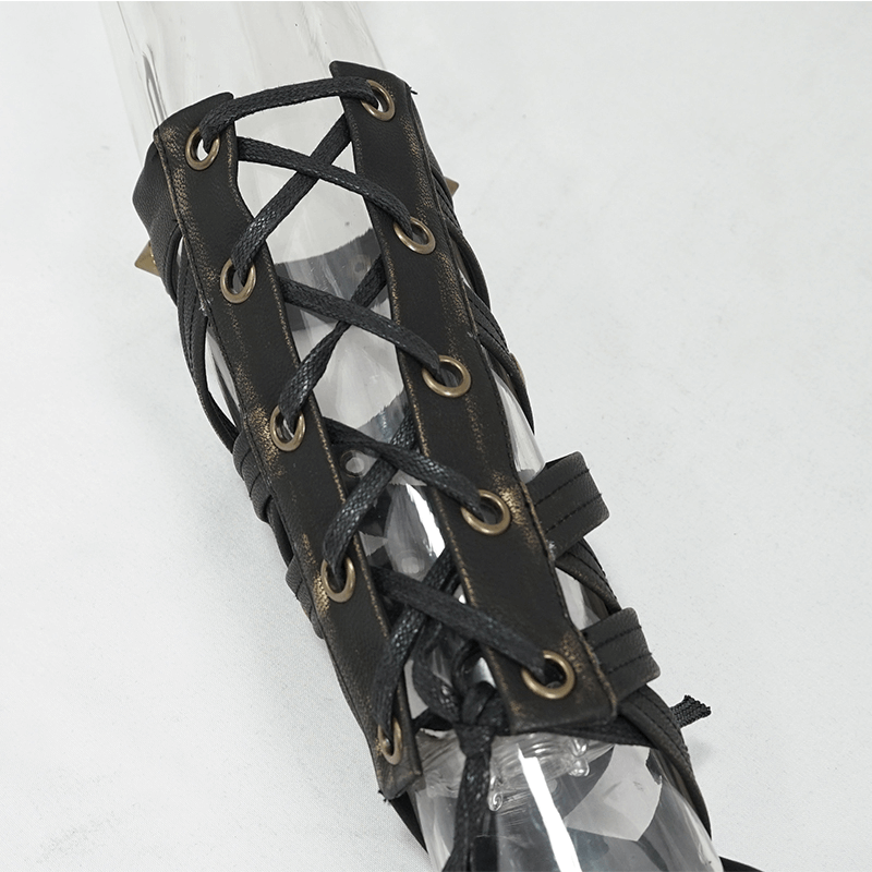 Close-up of cool steampunk cross strap long gloves with lace-up design and bronze rivets, perfect punk fashion accessory.