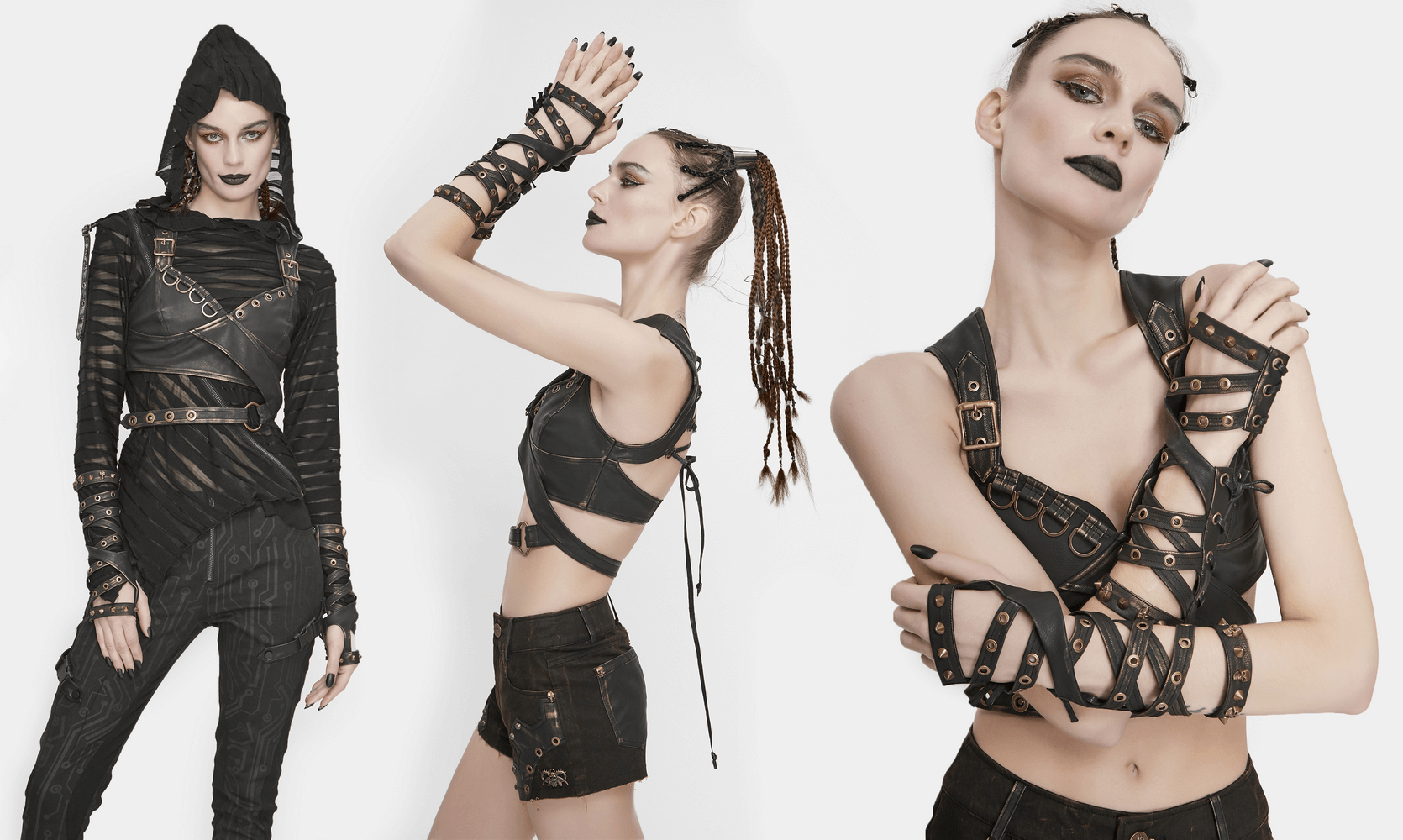 Stylish punk model showcasing long black gloves with bronze rivets, perfect for completing a punk fashion look.