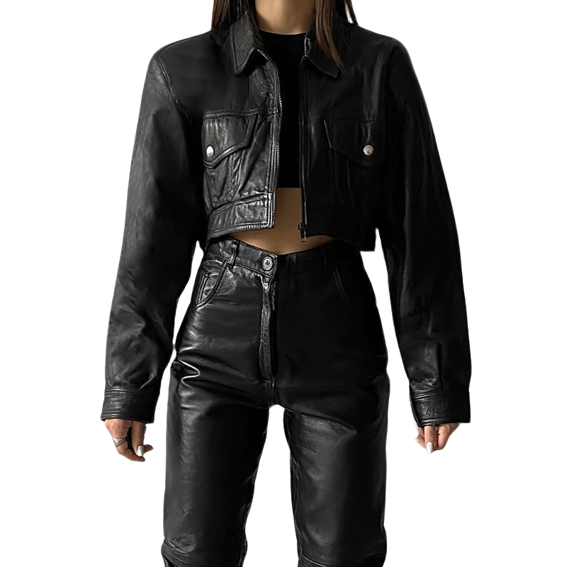 Cool Turn Down Collar PU Leather Cropped Jacket / Fashion Zipper Loose Female Jackets - HARD'N'HEAVY