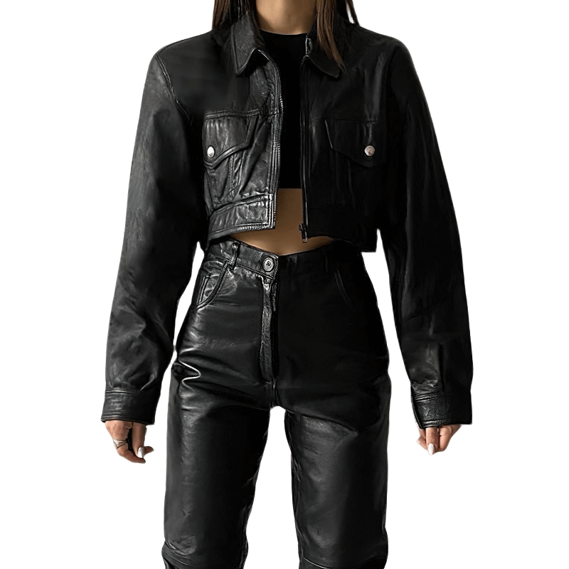 Cool turn-down collar PU leather cropped jacket with a relaxed fit, perfect for edgy, trendy styles.