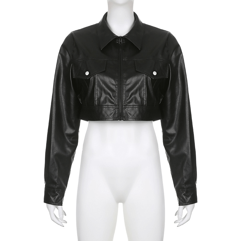 Cool PU leather cropped jacket with turn-down collar and zip detail, perfect for trendy women.