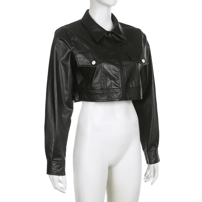 Women's cool turn-down collar PU leather cropped jacket with zip, edgy and trendy fashion statement.