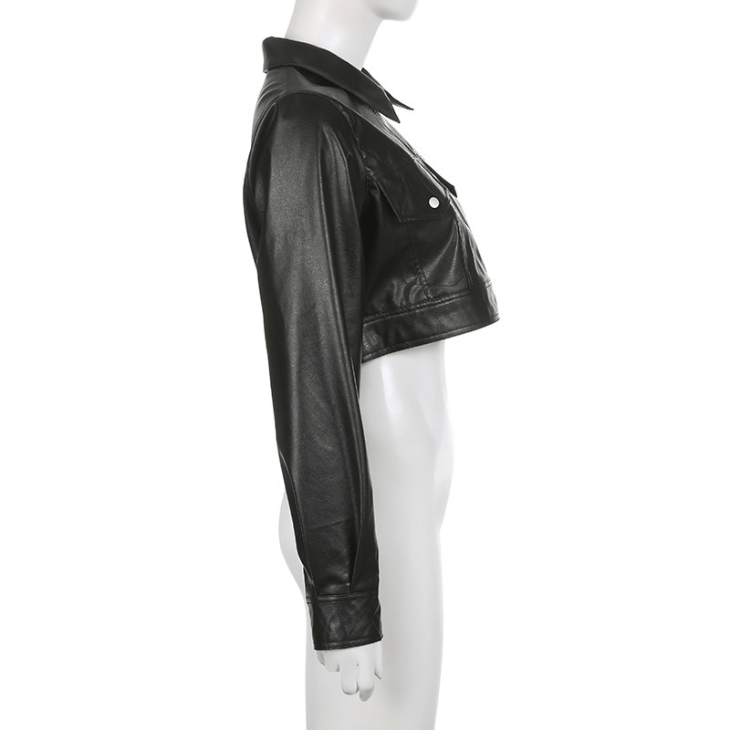 Side view of a cool turn down collar PU leather cropped jacket for women, showcasing edgy style and trendy design.