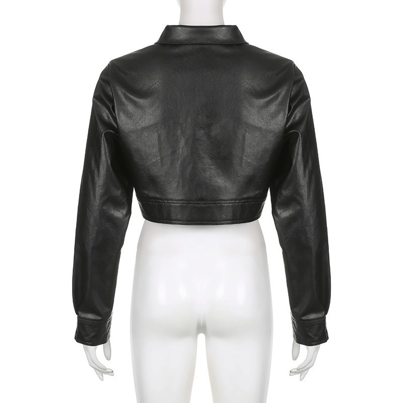 Back view of a cool turn down collar PU leather cropped jacket for women, showcasing its trendy and edgy design.