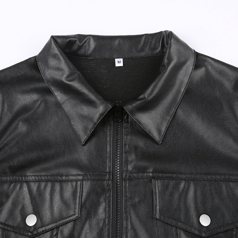 Close-up of the turn-down collar on a black PU leather cropped jacket for women, showcasing trendy zipper detail.