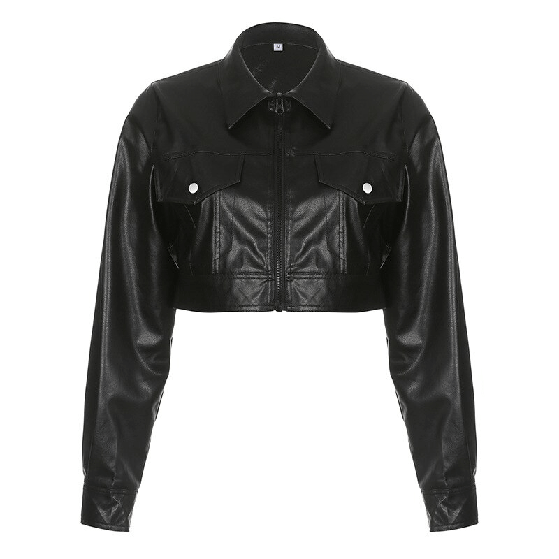 Cool black PU leather cropped jacket with turn-down collar and zip detail, perfect for a trendy, edgy look.