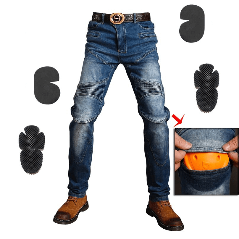 Cool vintage motorcycle protective pants for men with removable inserts, paired with stylish biker accessories.