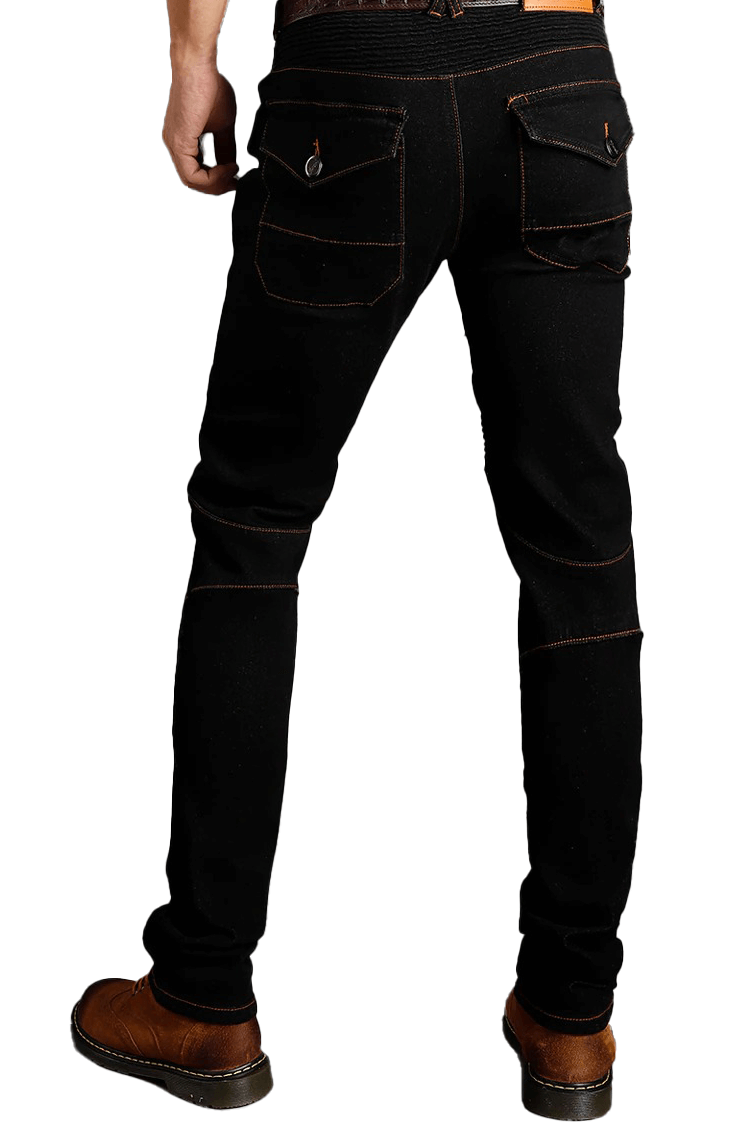 Men's black biker jeans featuring protective inserts and a stylish form-fitting cut, perfect for motorcycle enthusiasts.