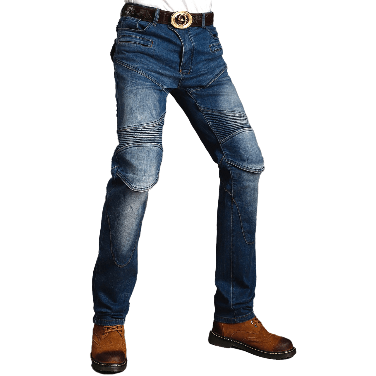 Cool vintage motorcycle protective pants in blue denim, designed for bikers, featuring stylish cuts and protective inserts.