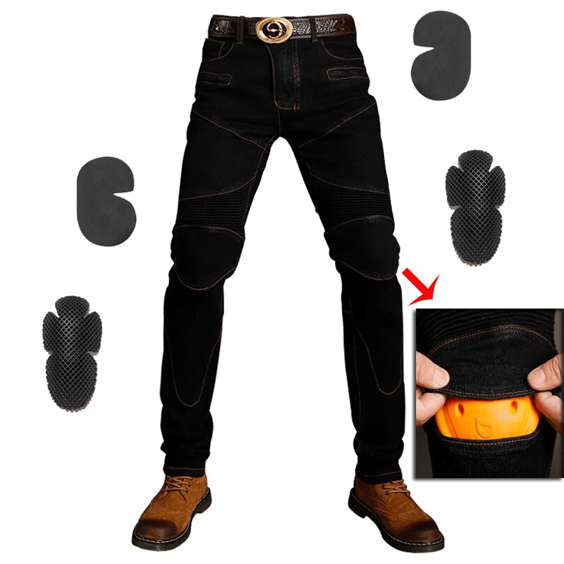 Men's cool vintage motorcycle protective pants with removable knee inserts and stylish biker cut.