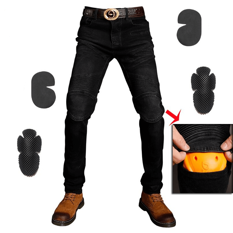 Cool vintage motorcycle protective pants featuring removable knee inserts for added safety in biker style.