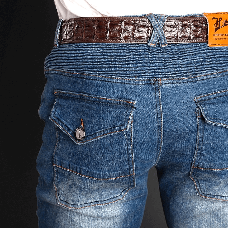 Men's biker style protective jeans highlighting unique back pockets and stylish belt design.