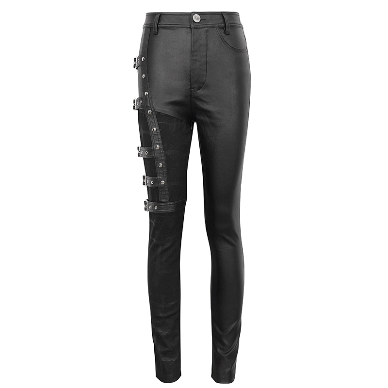 Cool women's multi-buckle splice pants in black, blending punk style with chic flair.