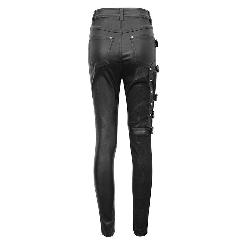 Women's multi-buckle splice pants in punk style, showcasing edgy design and unique buckle details.