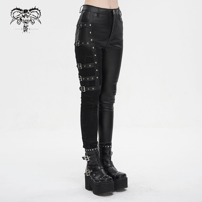 Cool women's multi-buckle splice pants in punk style with edgy design and bold buckles.