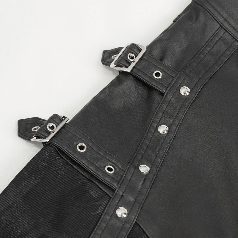 Close-up of women's punk style multi-buckle splice pants showcasing edgy buckle and stitch details.