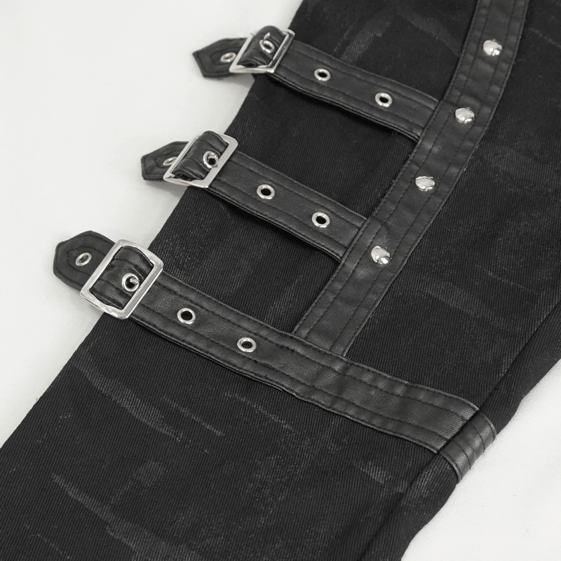 Close-up of women's multi-buckle splice pants, showcasing punk-inspired buckle details and edgy style.