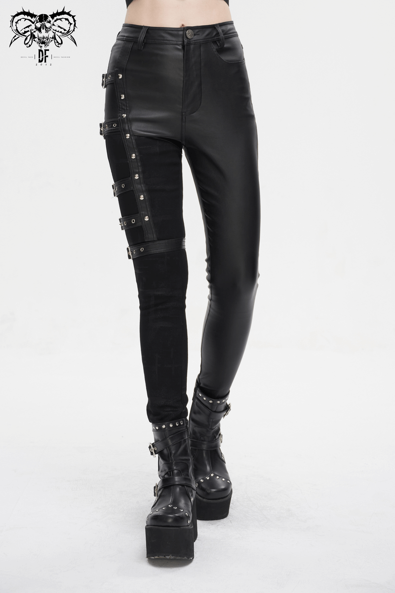 Cool women's multi-buckle splice pants in punk style, featuring edgy detailing and a chic fit.