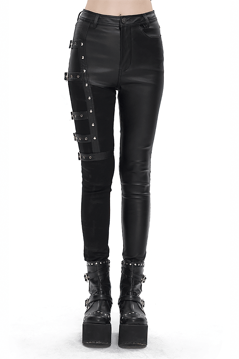 Cool women's black multi-buckle splice pants with edgy design for modern punk style.