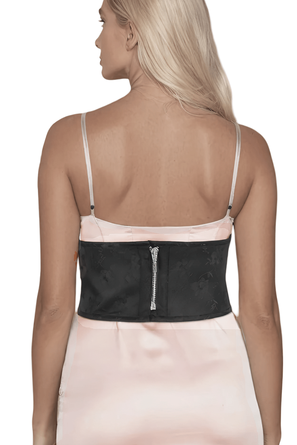 Back view of elegant corset inspired brocade belt with zipper closure, perfect for waist cinching and stylish outfits.