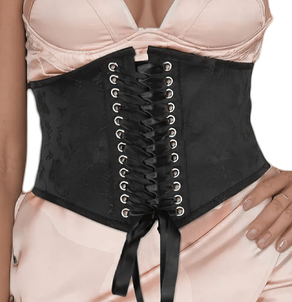 Corset inspired brocade belt featuring a lace-up front and sleek black design, perfect for elegant outfits.