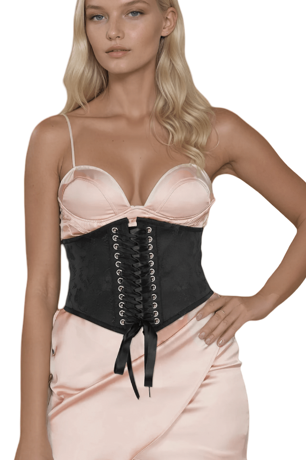 Model wearing a corset inspired brocade belt with lace-up front and zipper closure, styled with a blush satin top.