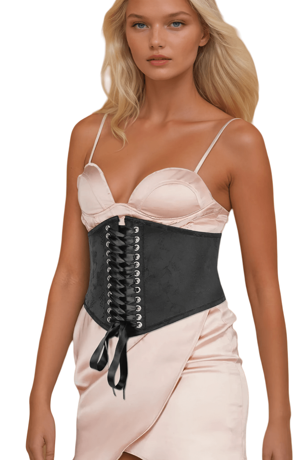 Model showcasing corset-inspired brocade waist belt with lace-up front, ideal for stylish outfits and enhancing waists.